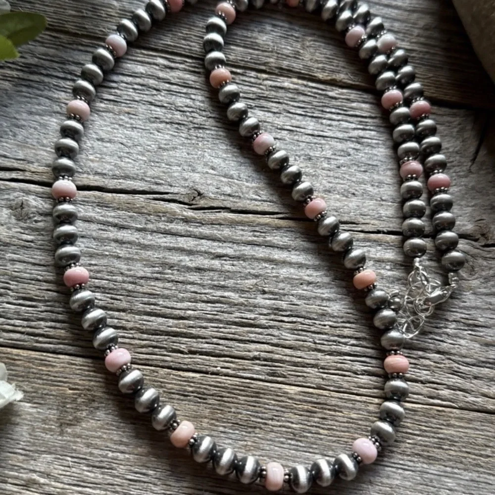 Southwestern Sterling Silver Pink Conch 6mm Pearls Bead Necklace 22 Inch - Picture 10 of 12